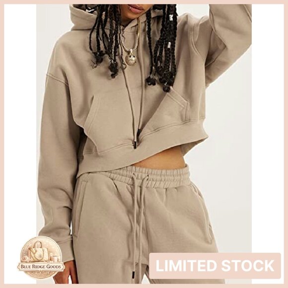 Fleece Crop Hoodie Jogger Set Y2K Chic Oversized Warm Winter Activewear - Picture 4 of 8